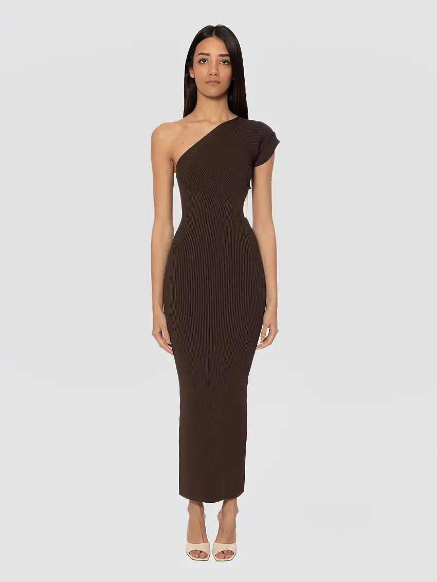 Abito Lungo Monospalla a Coste Caffè