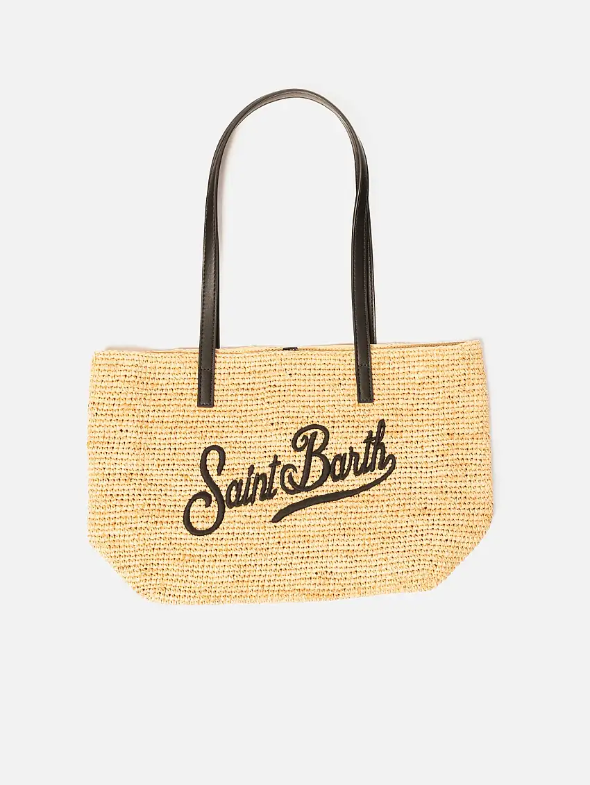 Borsa in Raffia con Manici in Pelle Beige