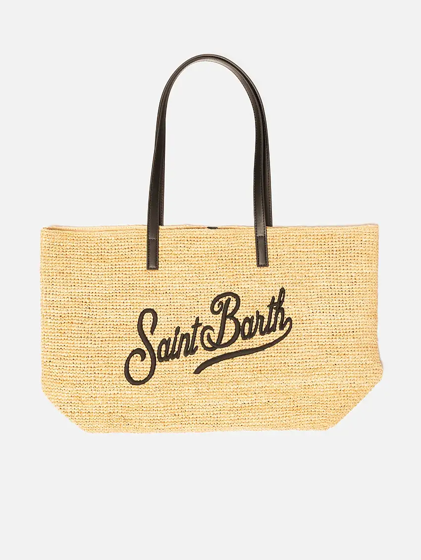 Borsa Grande in Raffia con Manici in Pelle Beige