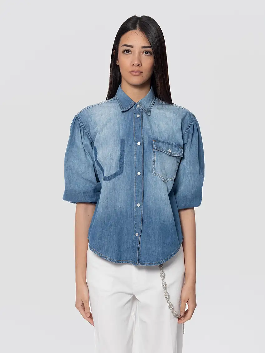 Camicia in Denim con Maniche a Palloncino Blu