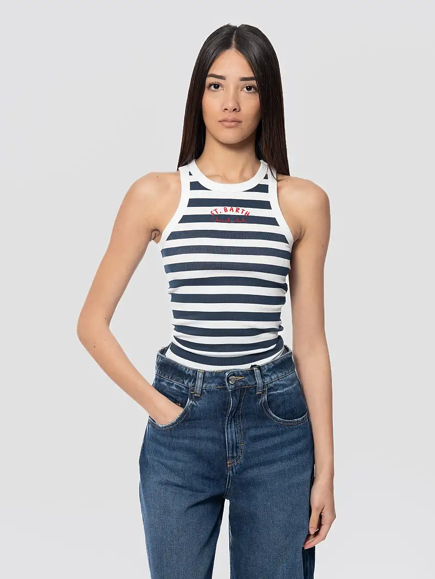 Canotta a Righe con Ricamo Blu/Bianco