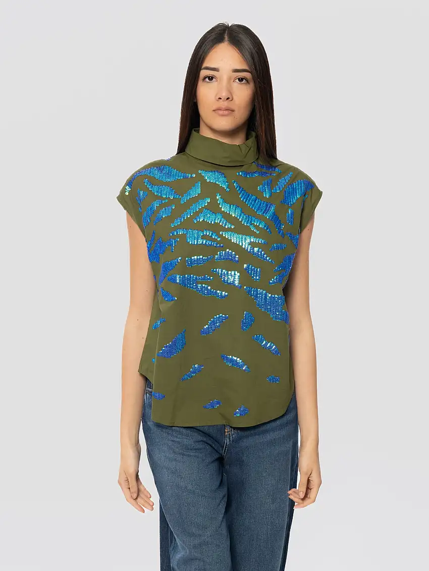 Top con Collo Alto e Paillettes Verde