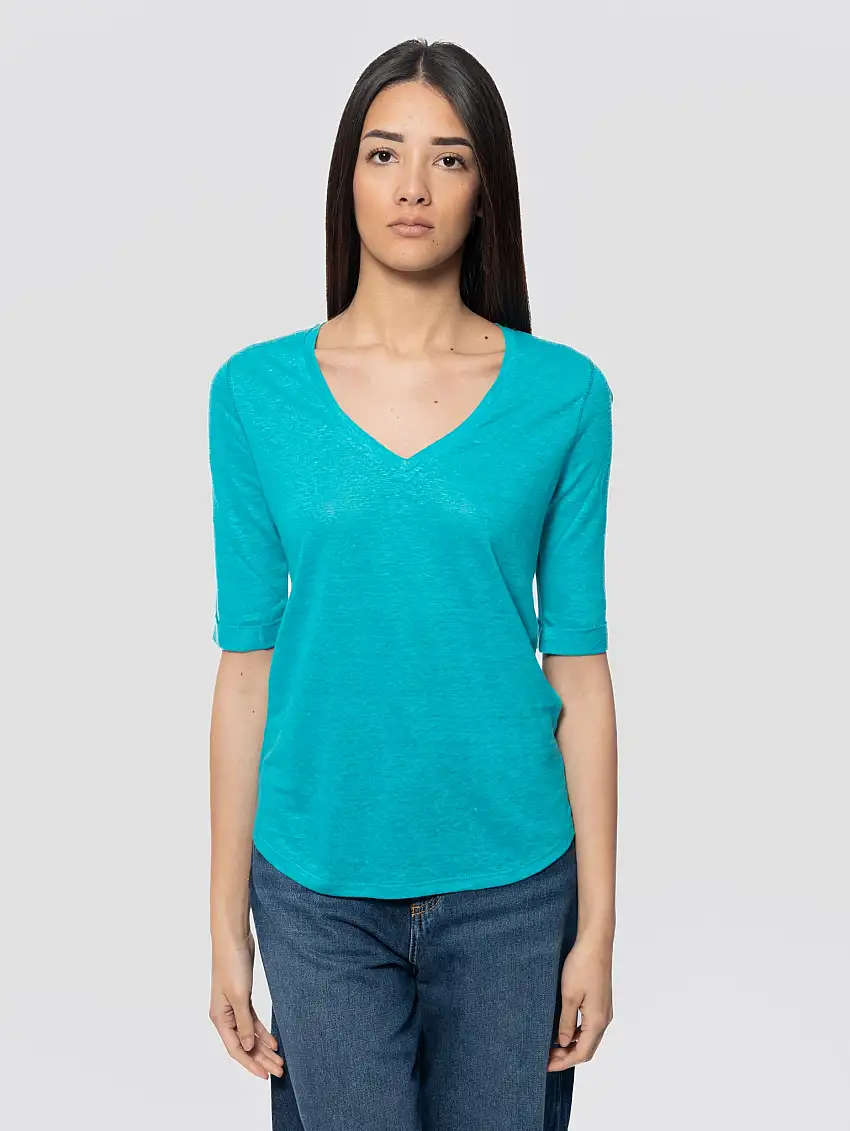 T-shirt in Lino con Scollo a V Romana Verde