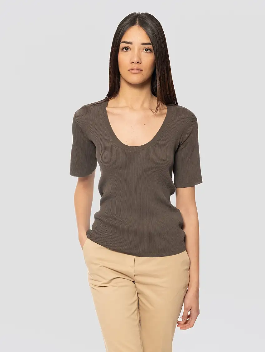 Maglia a Costine in Viscosa Crepe Minosse Verde Scuro