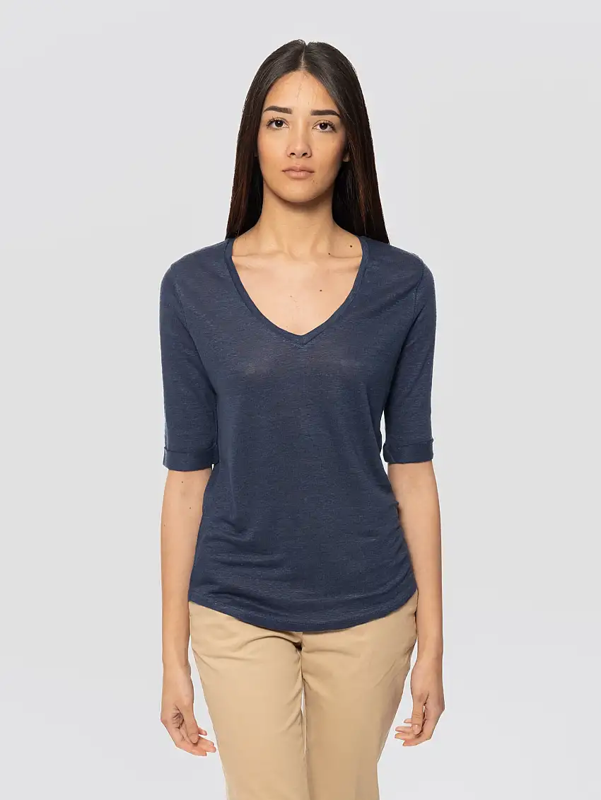 T-shirt in Lino con Scollo a V Romana Blu