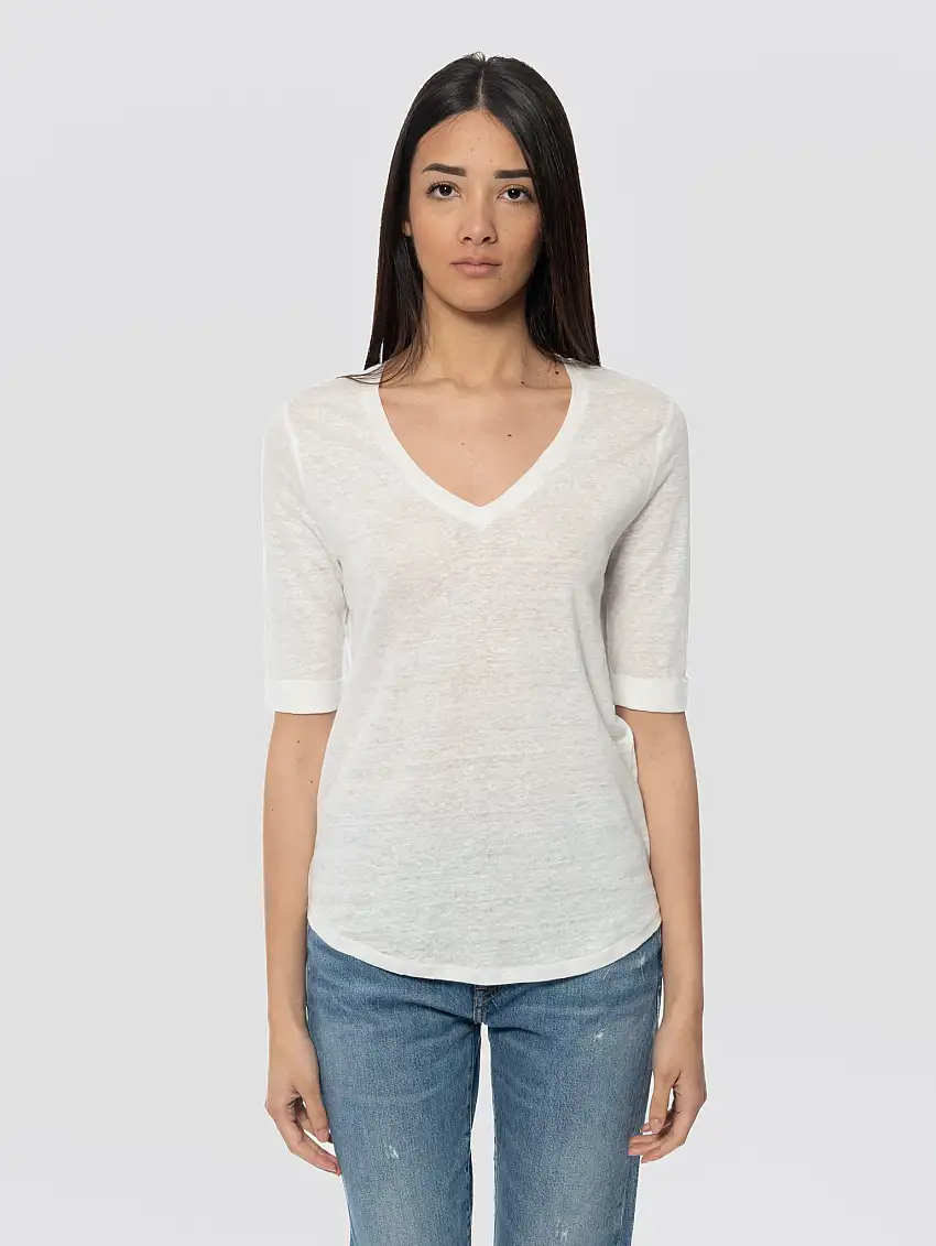 T-shirt in Lino con Scollo a V Romana Bianco
