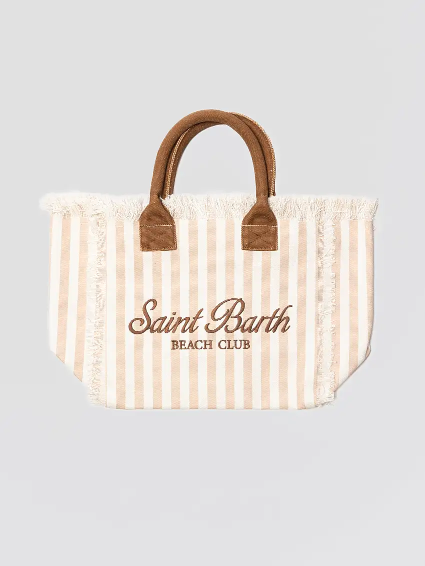 Borsa Tote in Cotone a Righe con Frange Beige/Cuoio