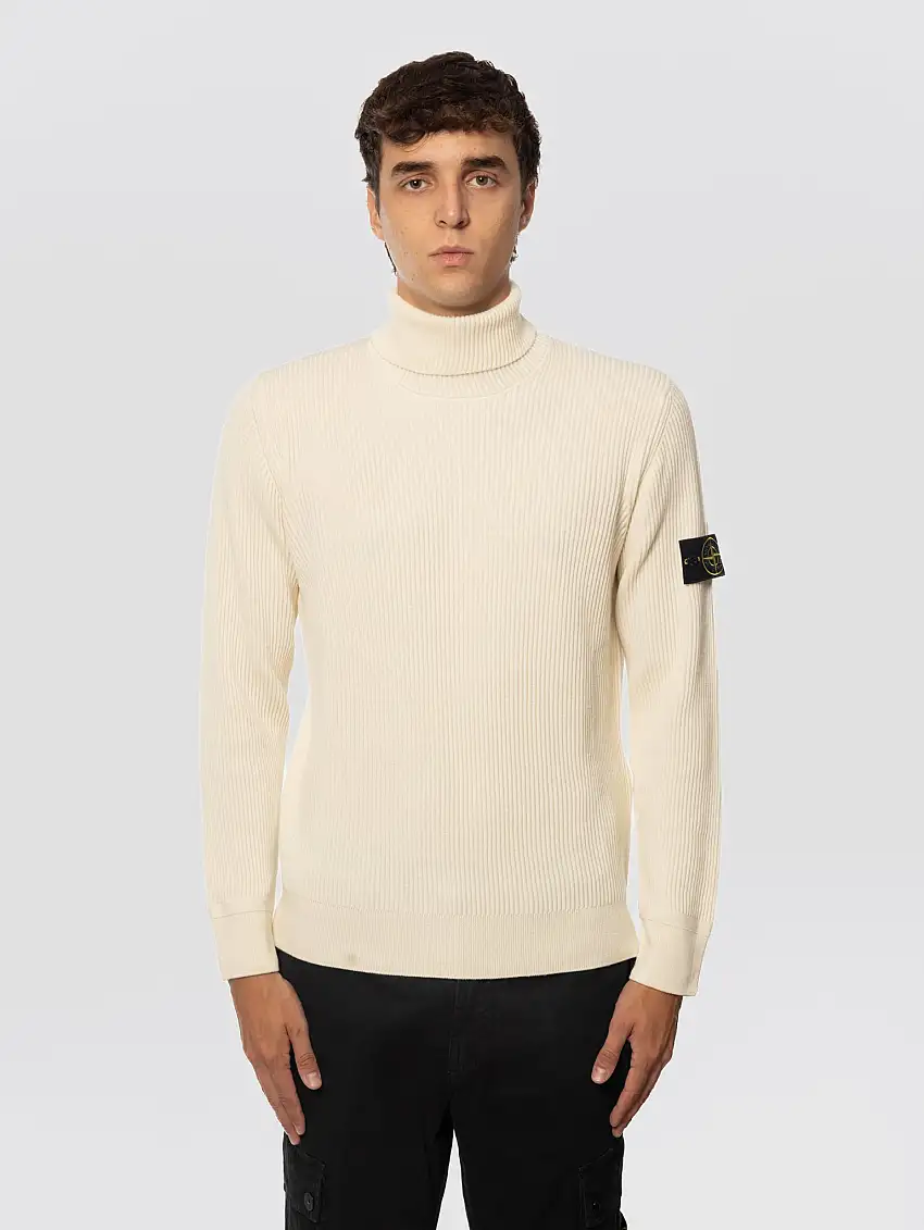 Maglione Dolcevita in Lana a Coste Avorio