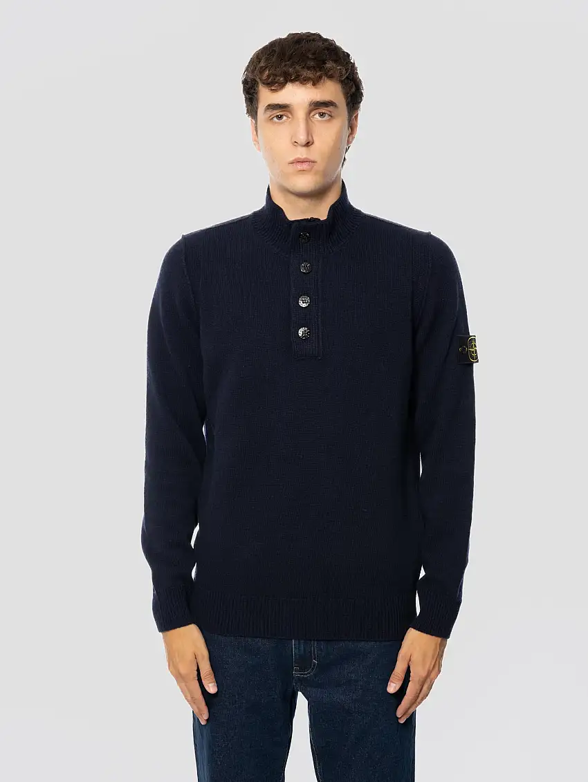 Maglione collo Rigido con Zip e Bottoni Blu