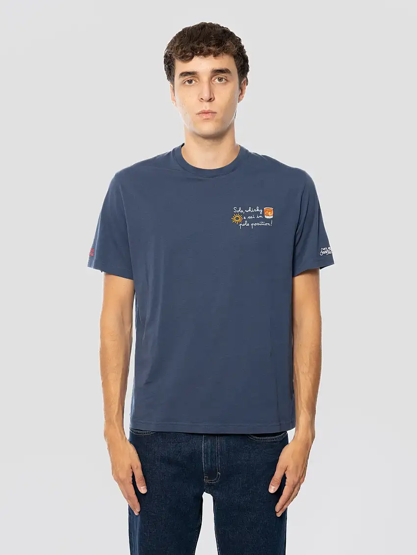 T-shirt con Ricamo Sole, Whisky e Sei in Pole Position Blu