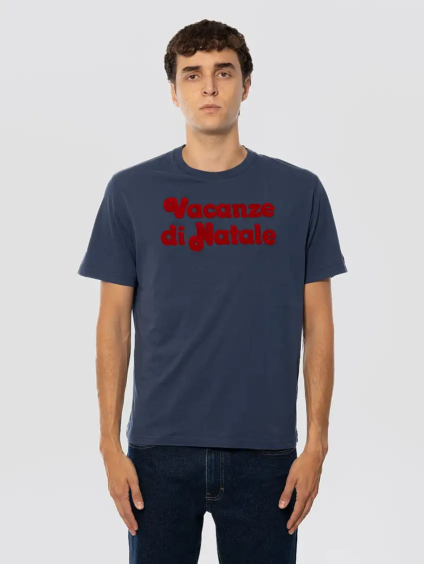 T-shirt con Stampa Locandina Vacanze di Natale Blu