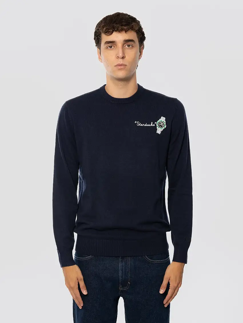 Maglione Girocollo con Ricamo Starducks Blu