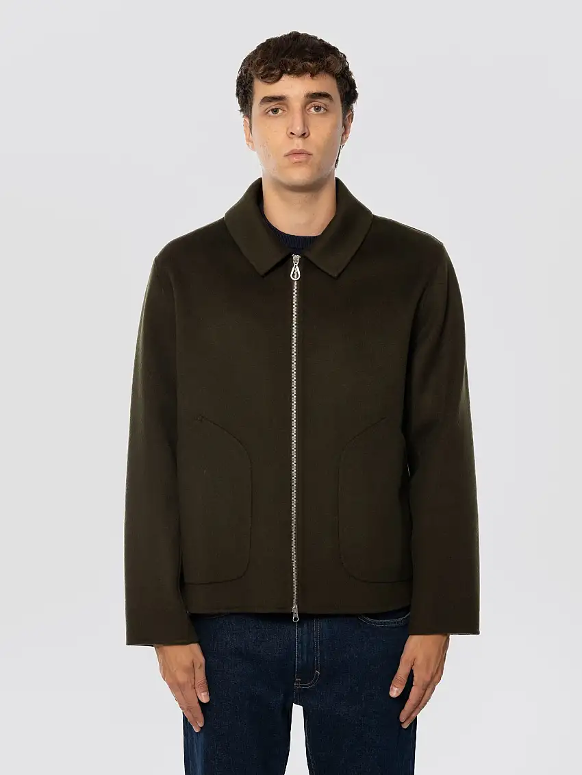 Giaccone in Doppio di Lana Chiuso da Zip Verde Muschio