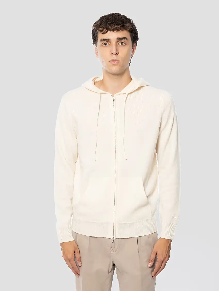 Felpa con Cappuccio e Zip in Lana Bianco