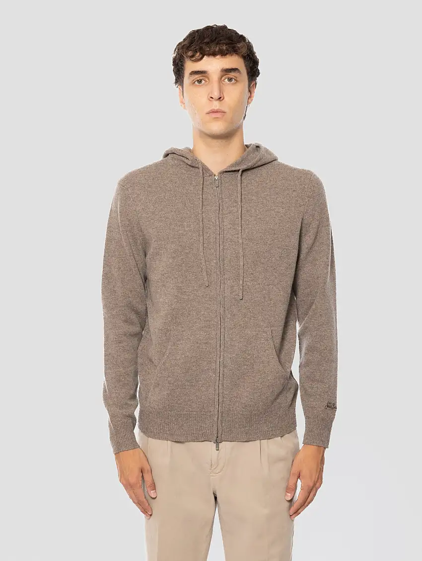 Felpa con Cappuccio e Zip in Lana Noce