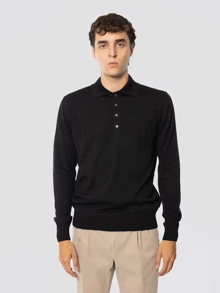 Polo Quattro Bottoni in Lana Merinos Nero
