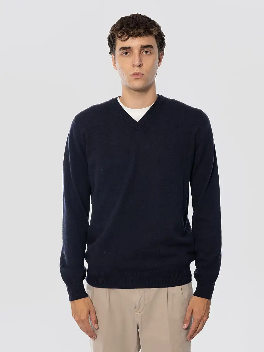 Maglia con Scollo a V in Lana Blu Notte