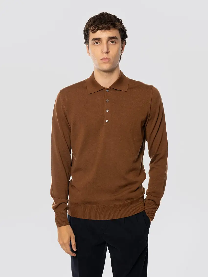 Polo Quattro Bottoni in Lana Merinos Tabacco