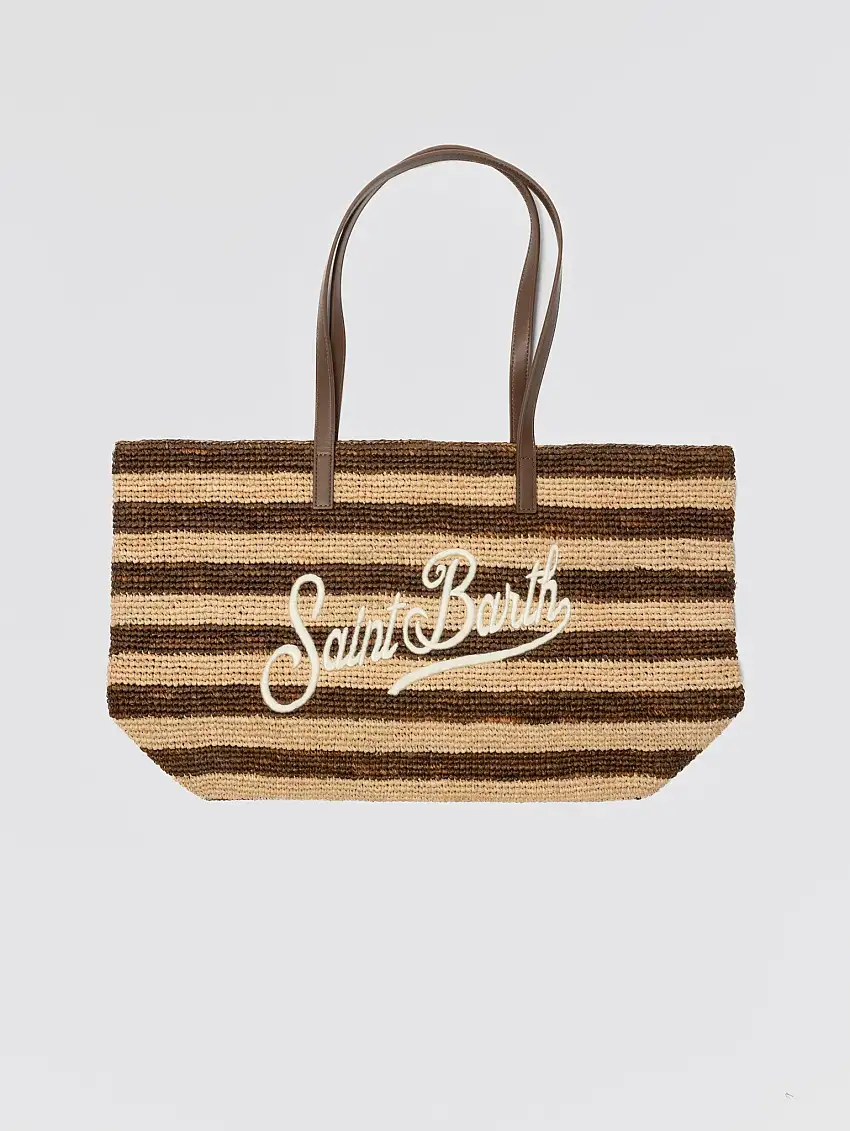 Borsa in Raffia a Righe con Manici in Pelle Marrone