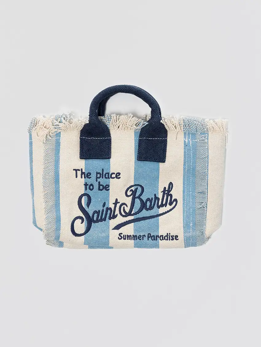 Borsa a Righe Mini in Canvas con Frange Blu