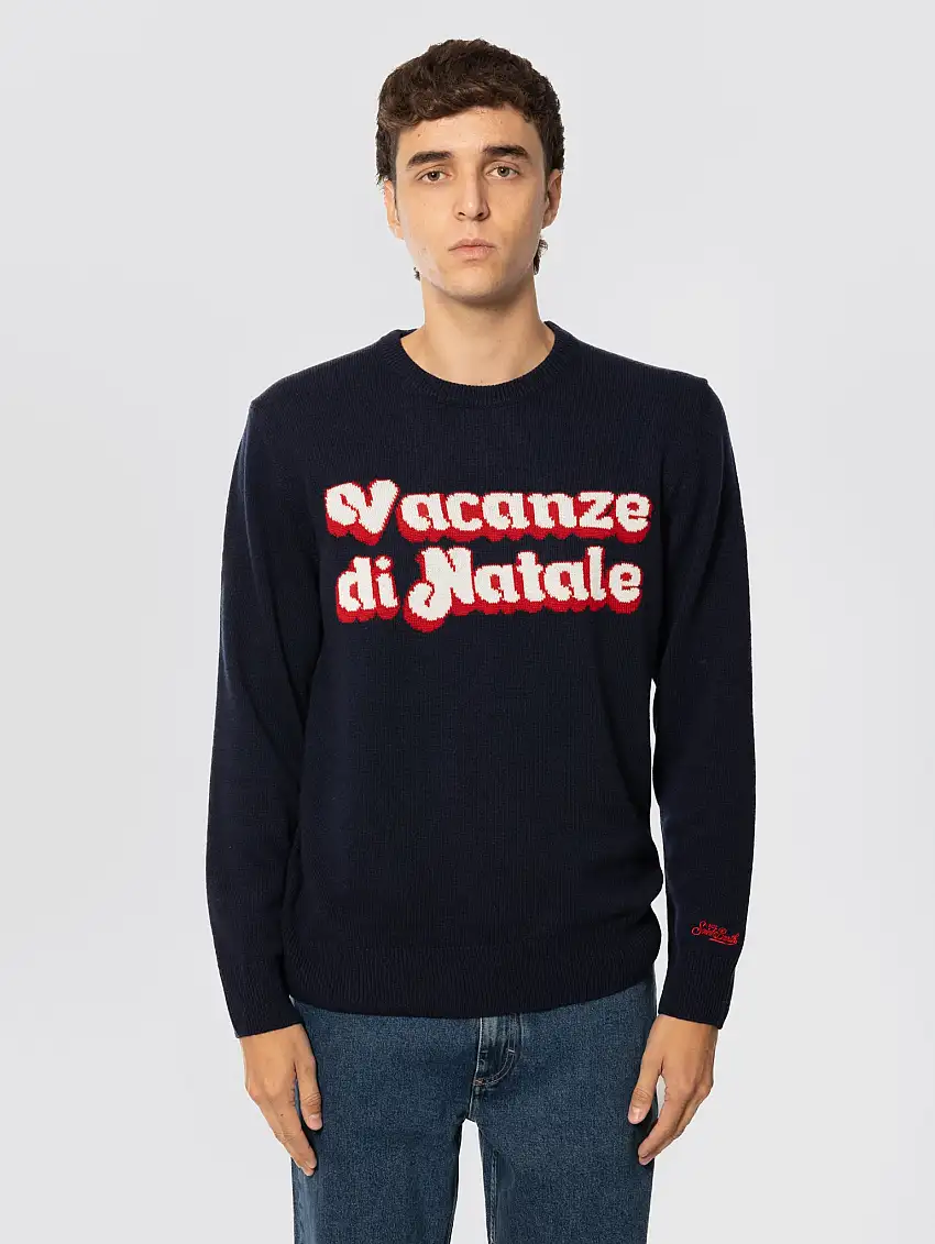 Maglione Girocollo con Stampa Jacquard Vacanze di Natale Blu