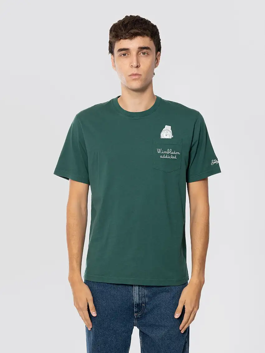 T-shirt Girocollo con Taschino e Ricamo Wimbledon Addicted Verde