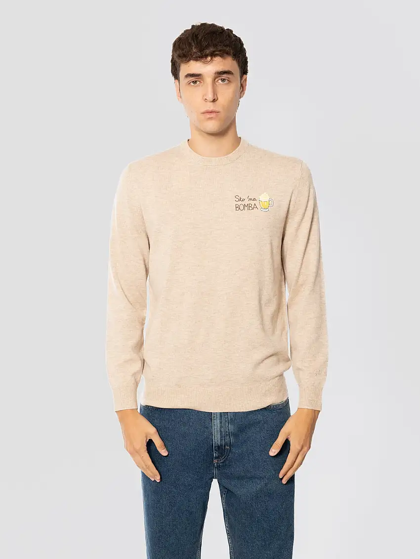 Maglione Girocollo con Ricamo Sto na Bomba Beige