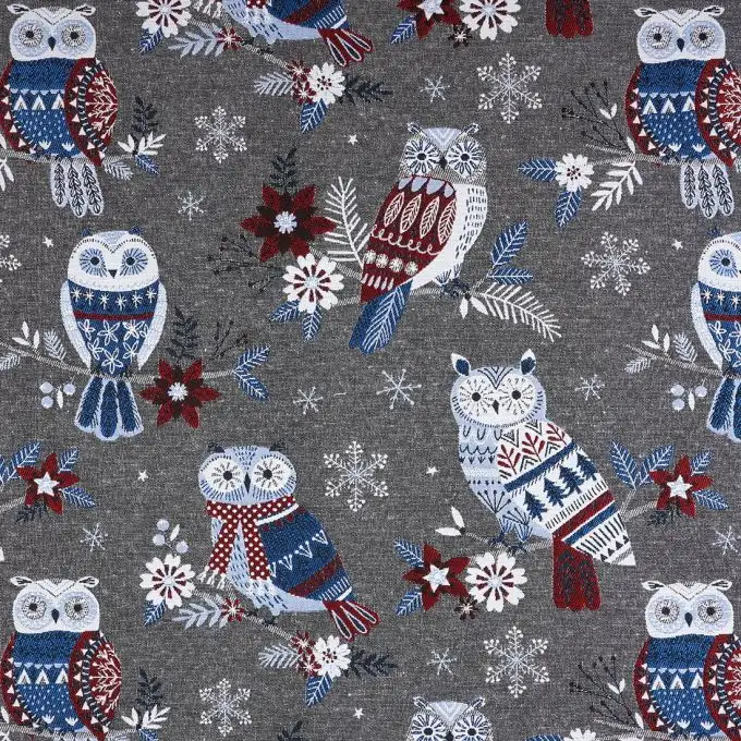 Tessuto jacquard natalizio grigio e blu gufi