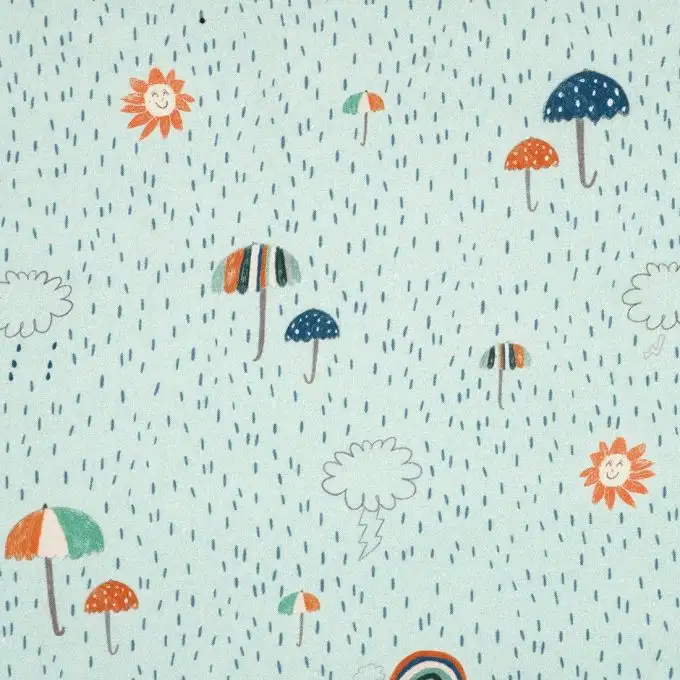 Tessuto popeline cotone verde giada gocce e pioggia