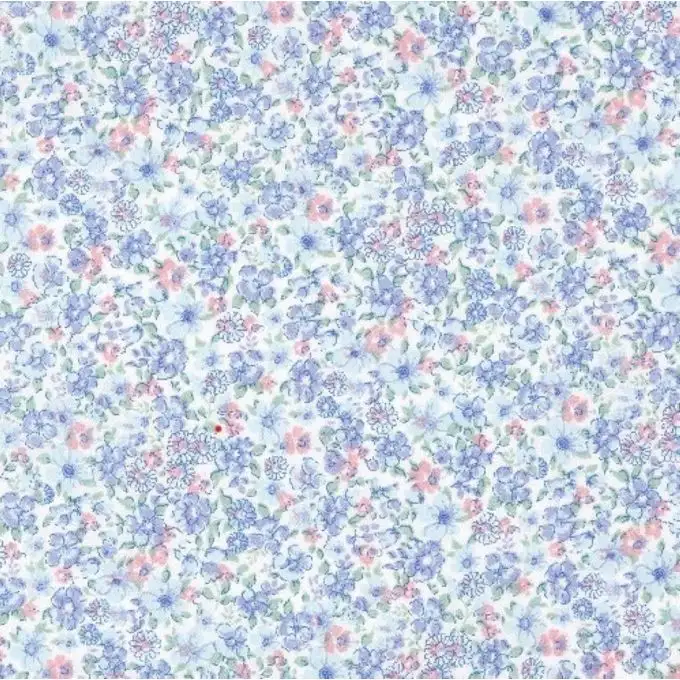 Tessuto batista cotone biologico bianco con fiori gialli verdi viola