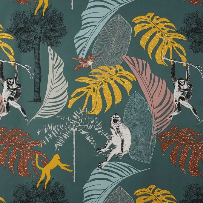 Tessuto cotone spesso verde scimmie palme