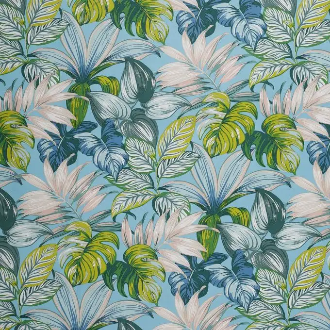 Tessuto cotone mezzo-raso palme blu