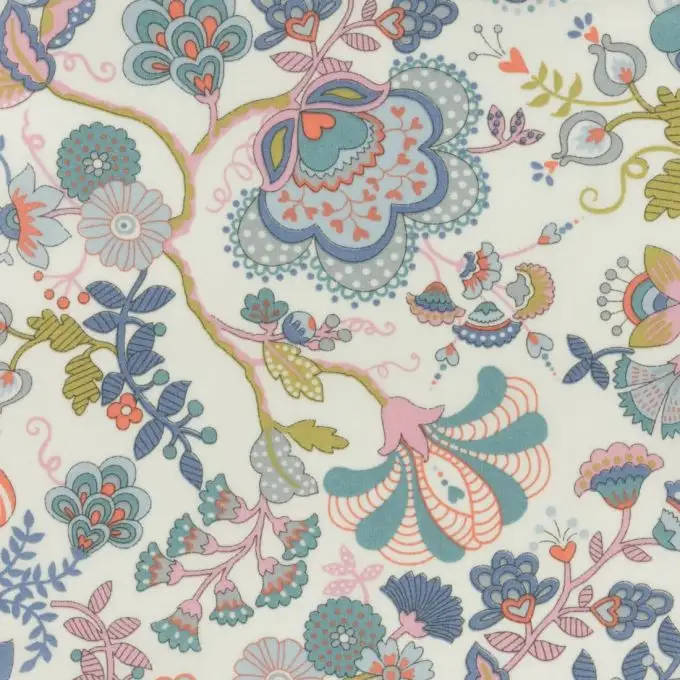 Tessuto popeline di cotone Liberty Mabelle blu e rosa pastello