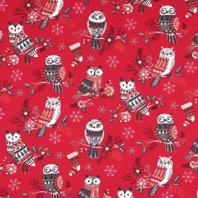 Tessuto cretone rosso gufi