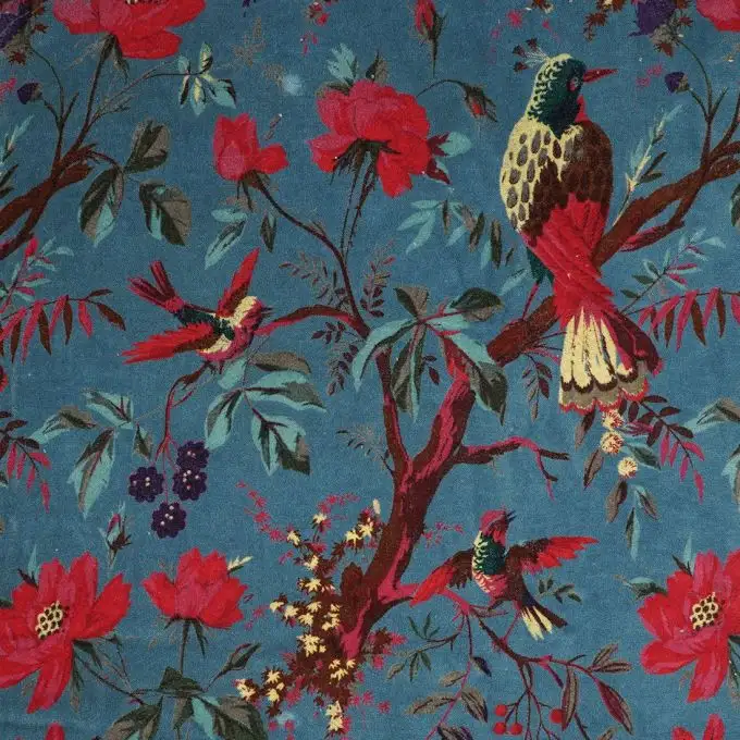 Tessuto velluto stampato birdy blu