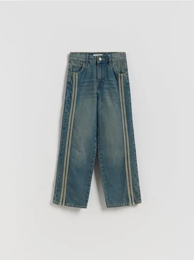 Jeans dritti con bande laterali Colore blu scuro