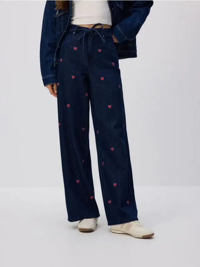 Jeans wide leg con ricamo Colore blu scuro