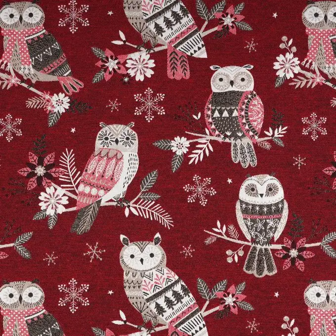 Tessuto jacquard natalizio rosso gufi