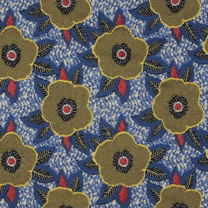 Tessuto jacquard blu fiori grandi