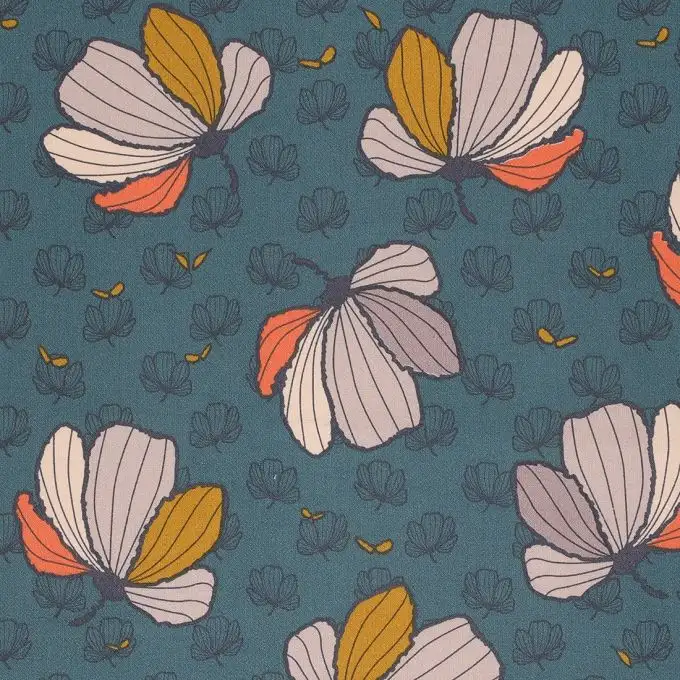 Tessuto twill blu fiori grandi