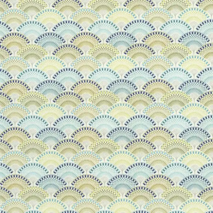 Tessuto cotone spesso ventagli verde e blu