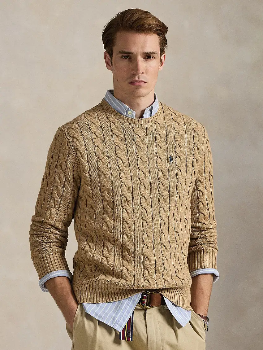 Maglia in Cotone a Trecce Cammello