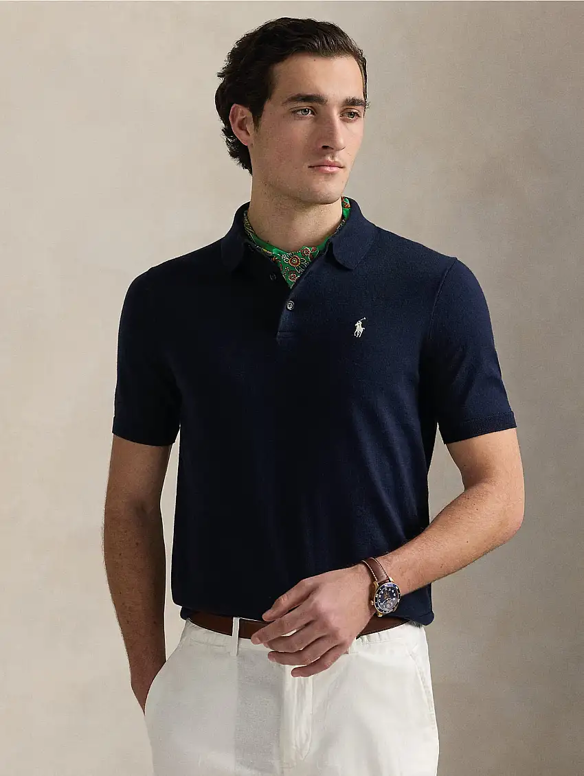 Polo in Maglia di Cotone Fine Blu Navy
