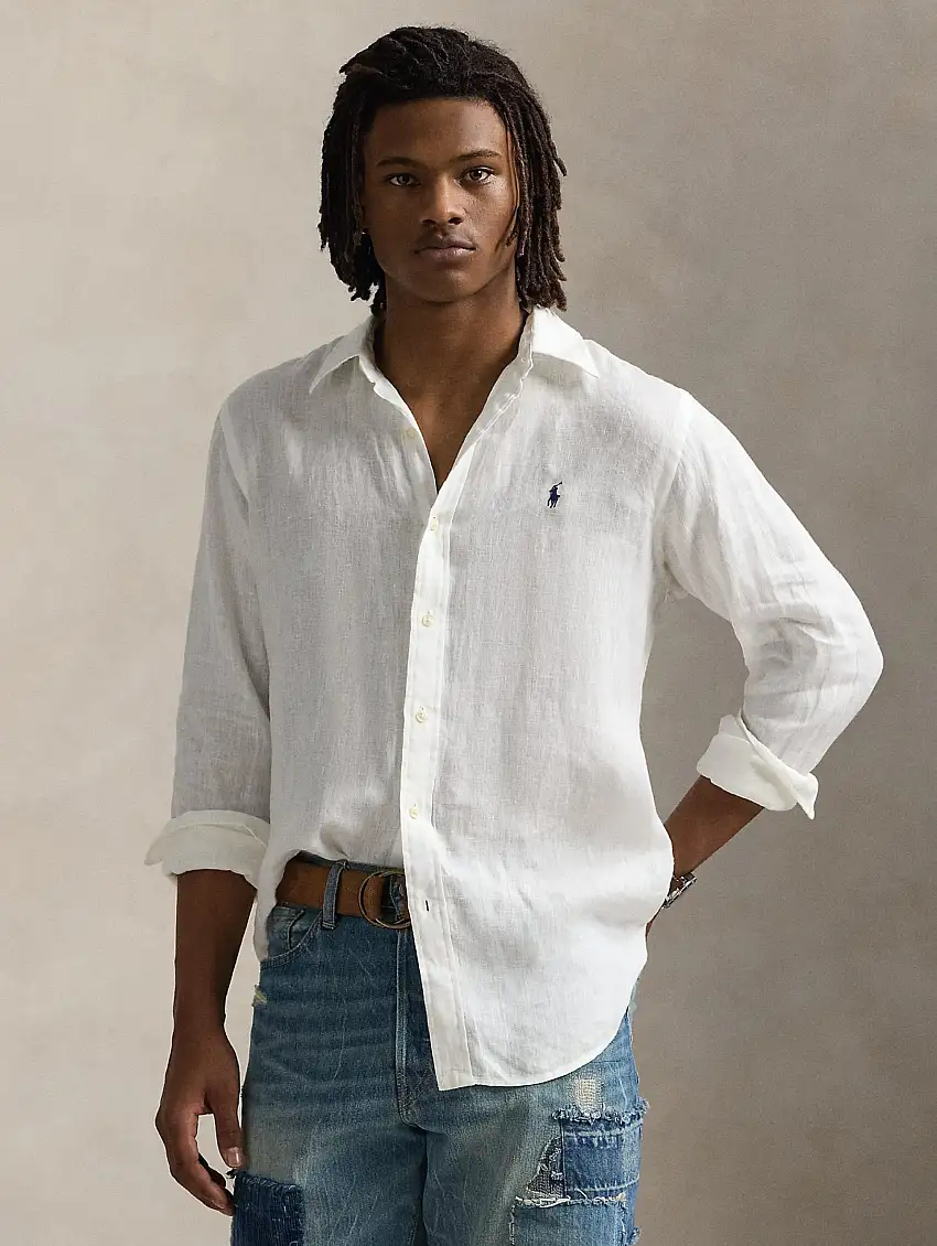 Camicia Sportiva in lino Slim Fit Bianco Ceramica