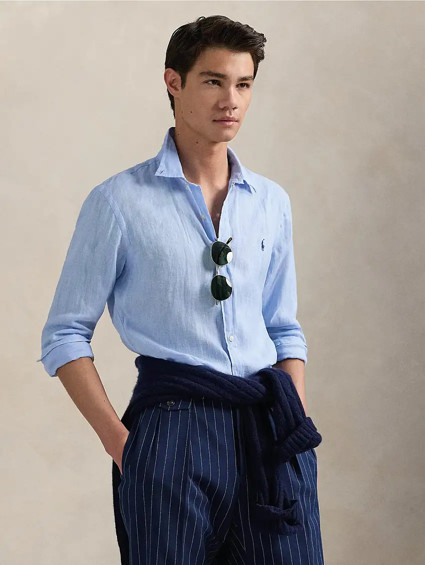 Camicia in Lino Slim Fit Celeste