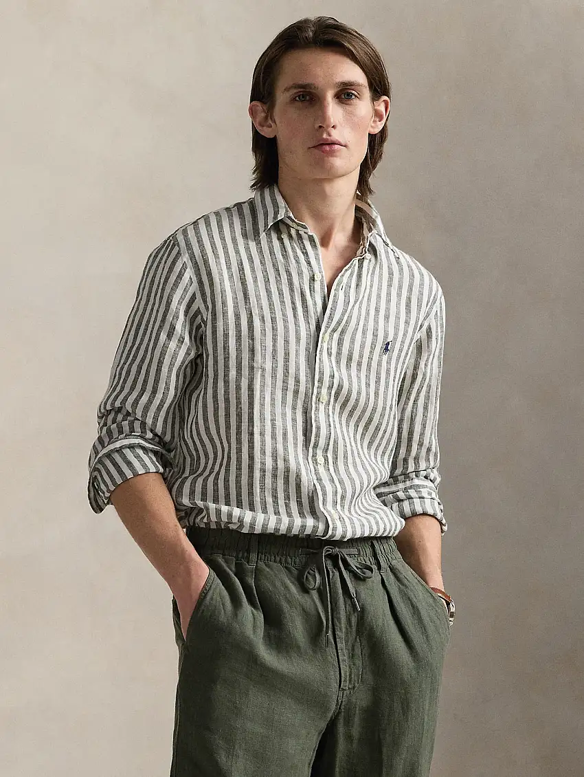 Camicia in Lino a Righe Larghe Custom Fit Verde/Bianco