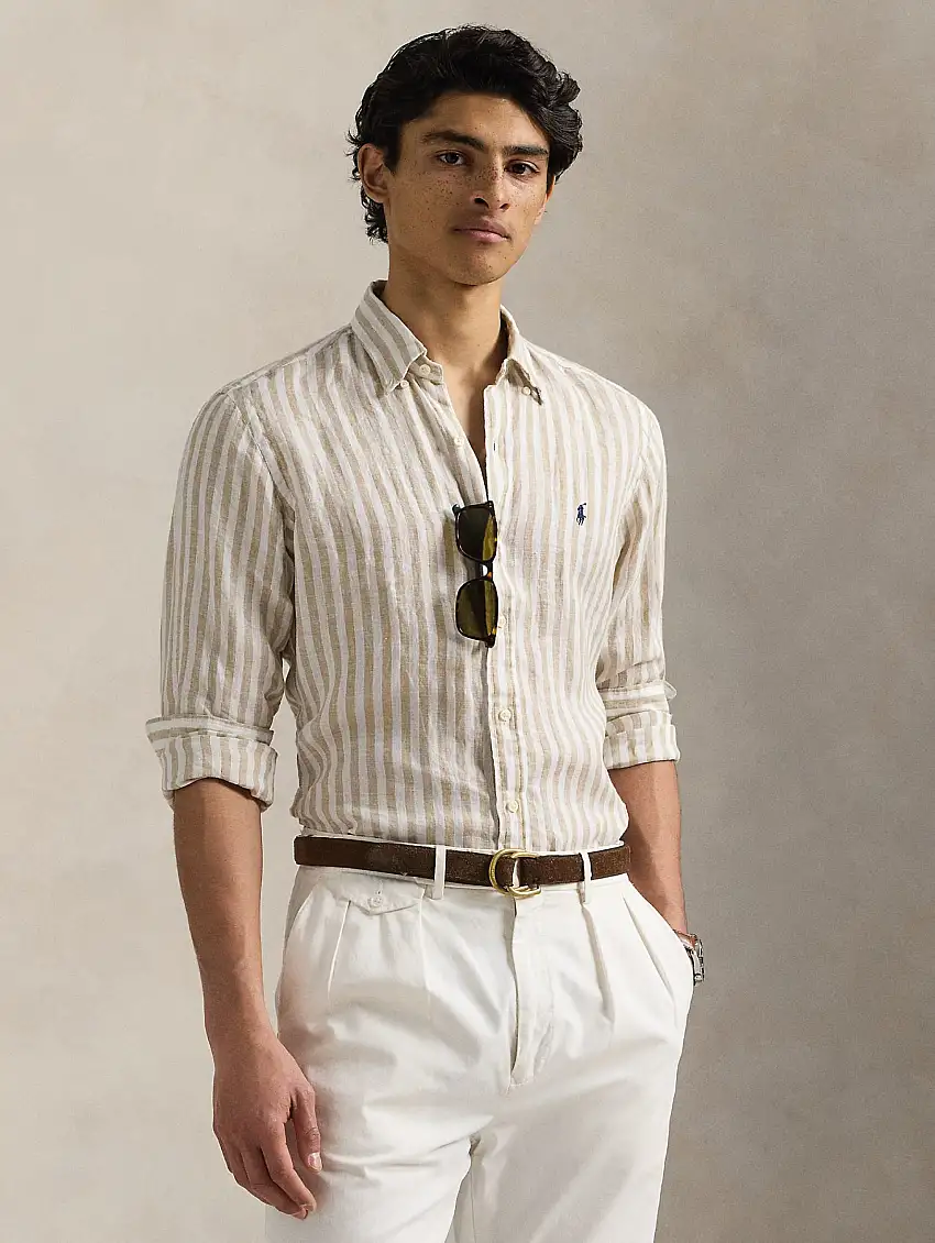 Camicia in Lino a Righe Larghe Custom Fit Beige/Bianco