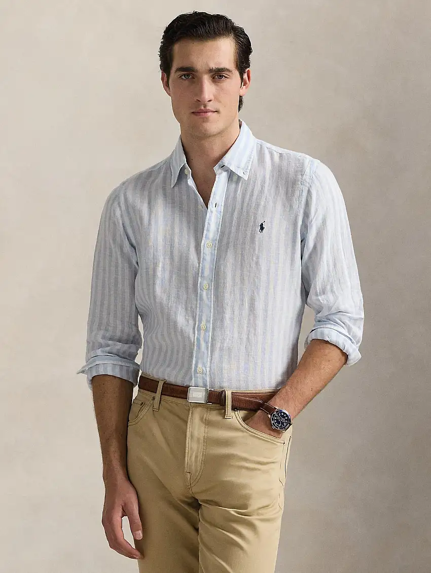 Camicia in Lino a Righe Larghe Custom Fit Celeste/Bianco