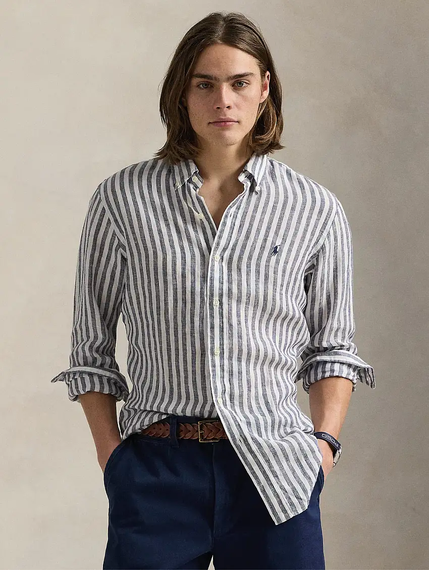 Camicia in Lino a Righe Larghe Custom Fit Blu/Bianco