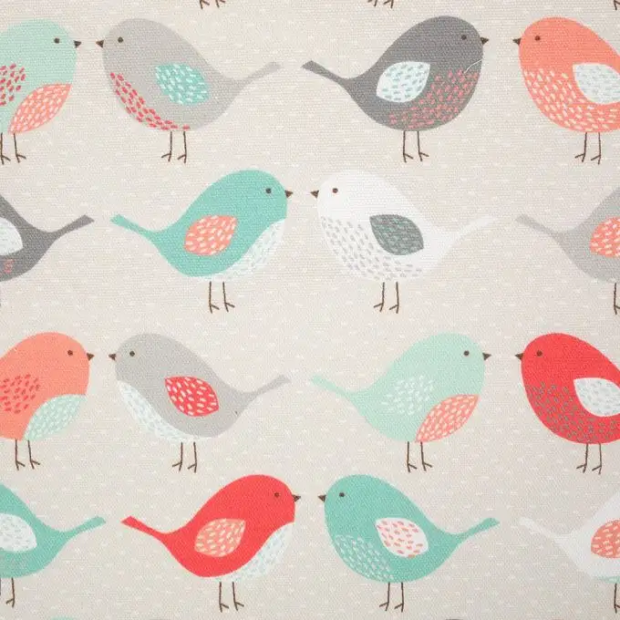 Tessuto cotone spesso uccelli corallo e verde